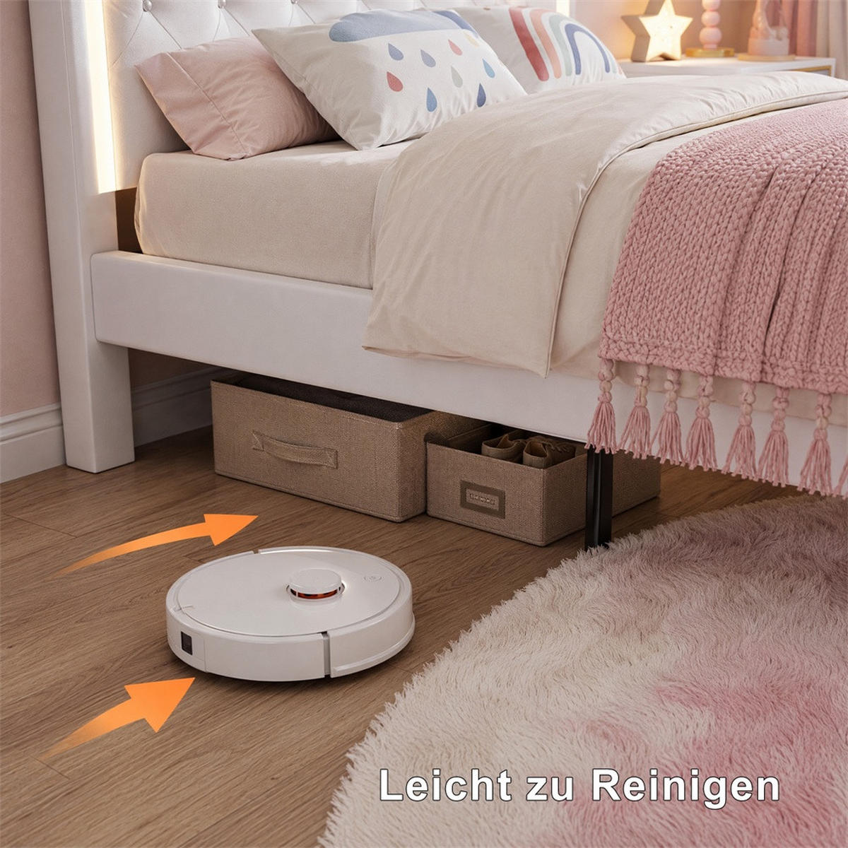 KINDERBETT 90 x 200 cm - höhenverstellbares Kopfteil mit LED-Beleuchtung und 1 Schublade - ohne Matratze - Weiß - Weiß, Textil (90/200cm) - DELFA