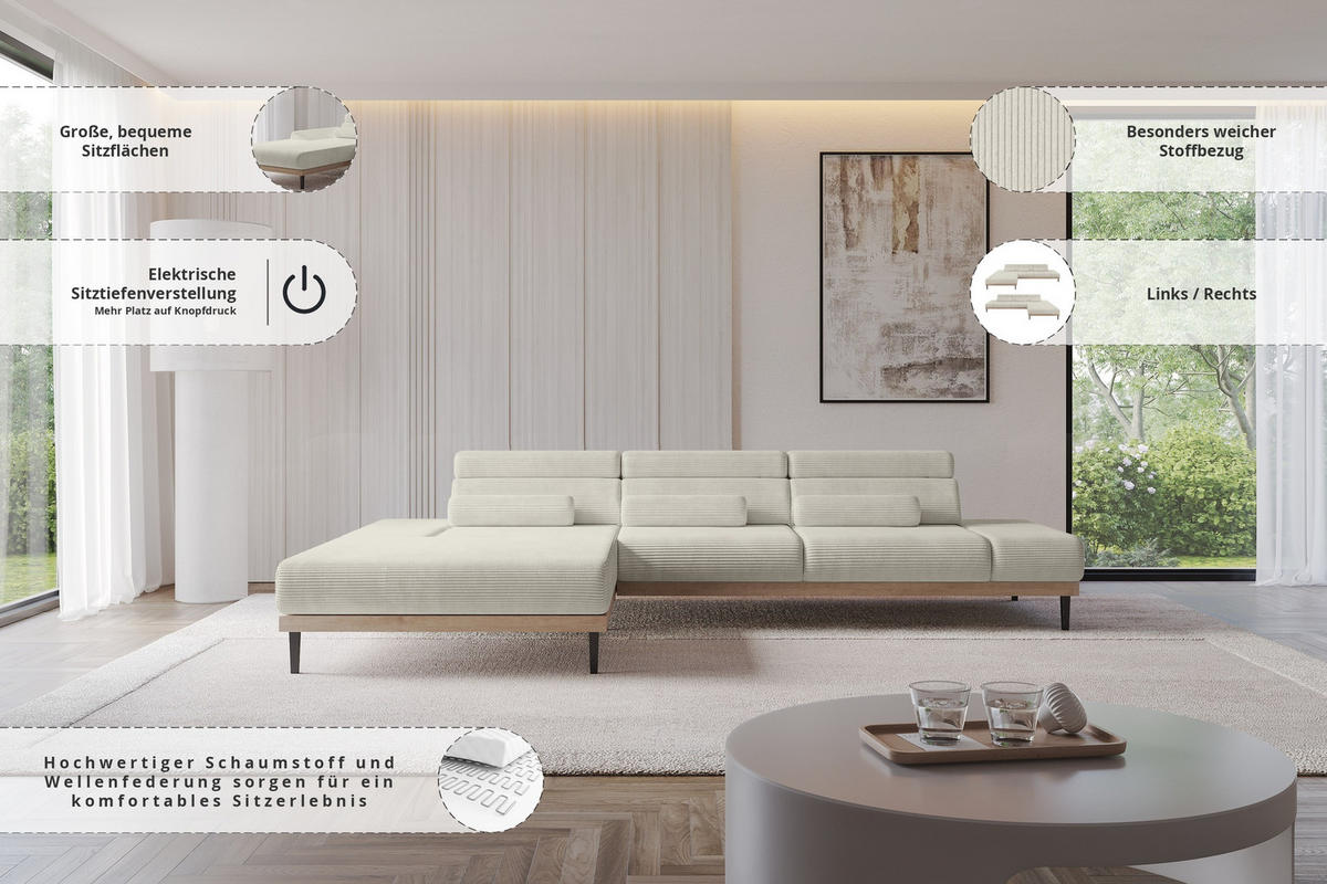 ELEKTRISCHES ECKSOFA Links MONA 316x205x85 Creme Cord - Ecru/Creme, Holzwerkstoff/Textil (316/205cm) - ALTDECOR