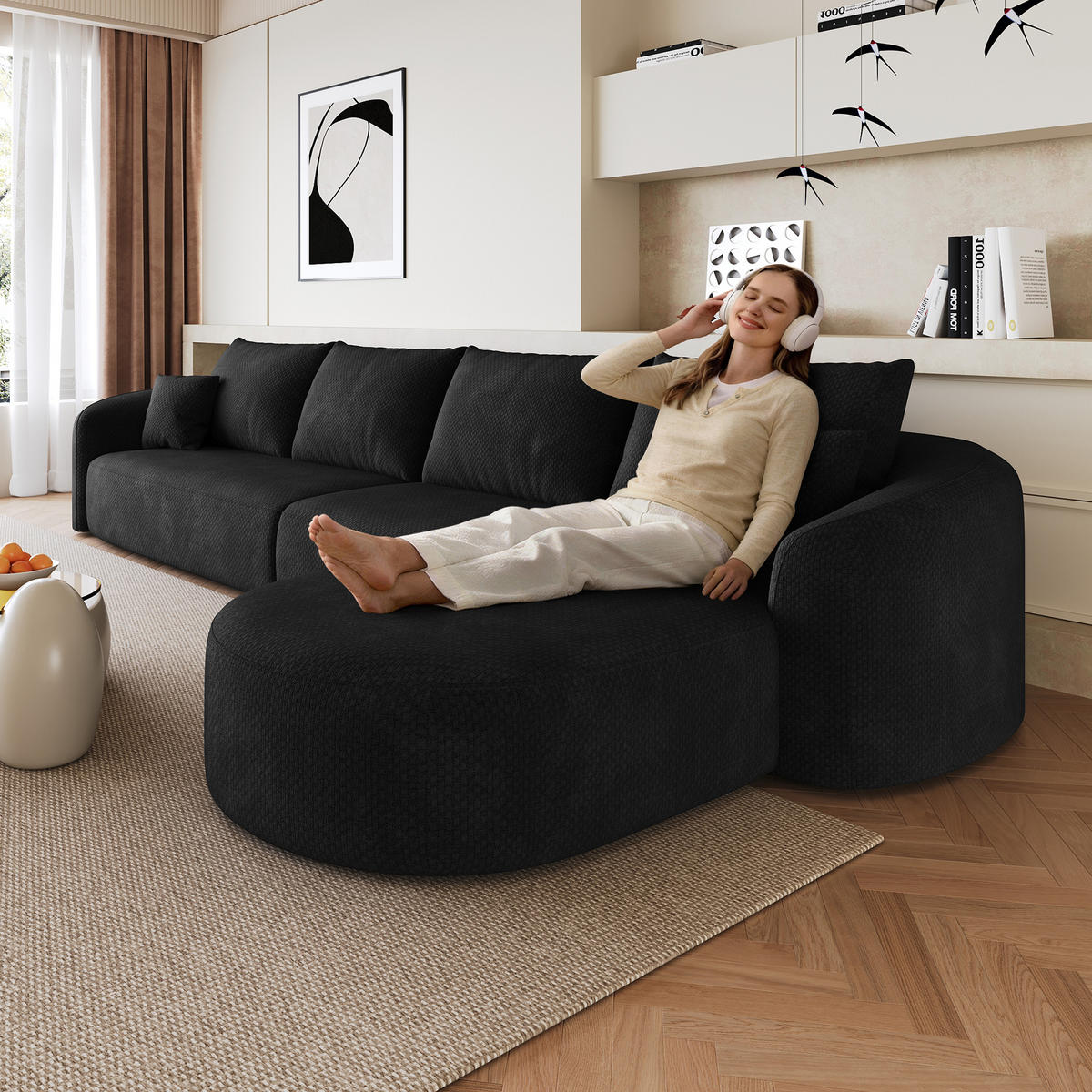 ECKSOFA 336/168/85 cm Schwarz Chenille mit Chaiselongue, Rechte Seite - Schwarz, Textil (336/168cm) - Oxeza