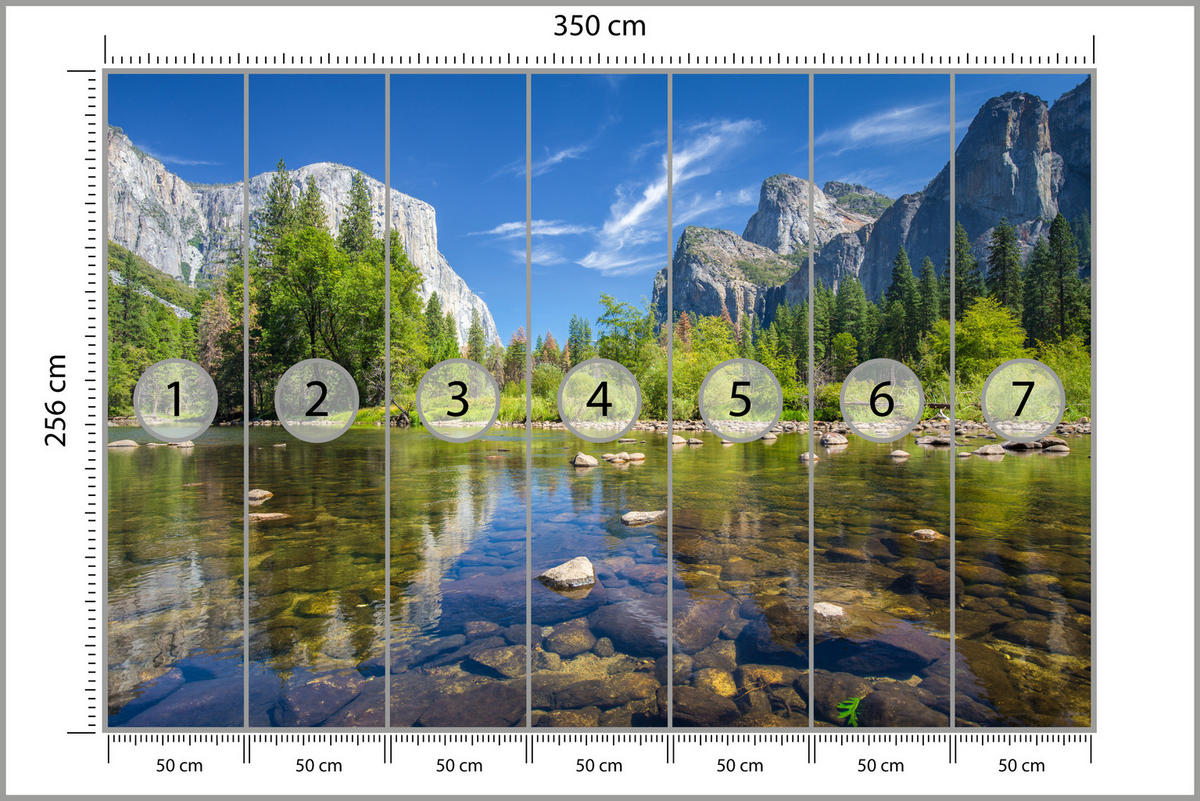 FOTOTAPETE für Wohnzimmer Yosemite Nationalpark Panorama Berge 350x256 - Blau/Beige, Papier (350/256cm) - Muralo