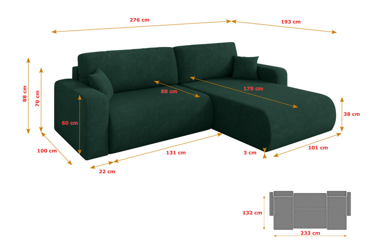 ROHOVÁ SEDAČKA s funkcí spaní, otoman vpravo BERY-L 276x193x88 zelená velur - černá/zelená barva, kompozitní dřevo/textil (276/193cm) - ALTDECOR