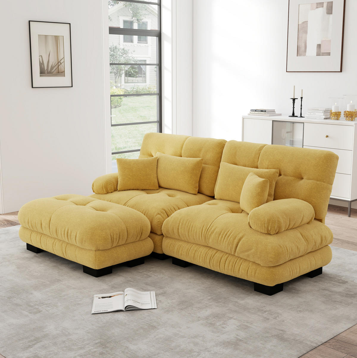 SOFA modular Chenille Yellow mit Ottomane - Gelb, Holzwerkstoff (145/220cm) - Meubliv