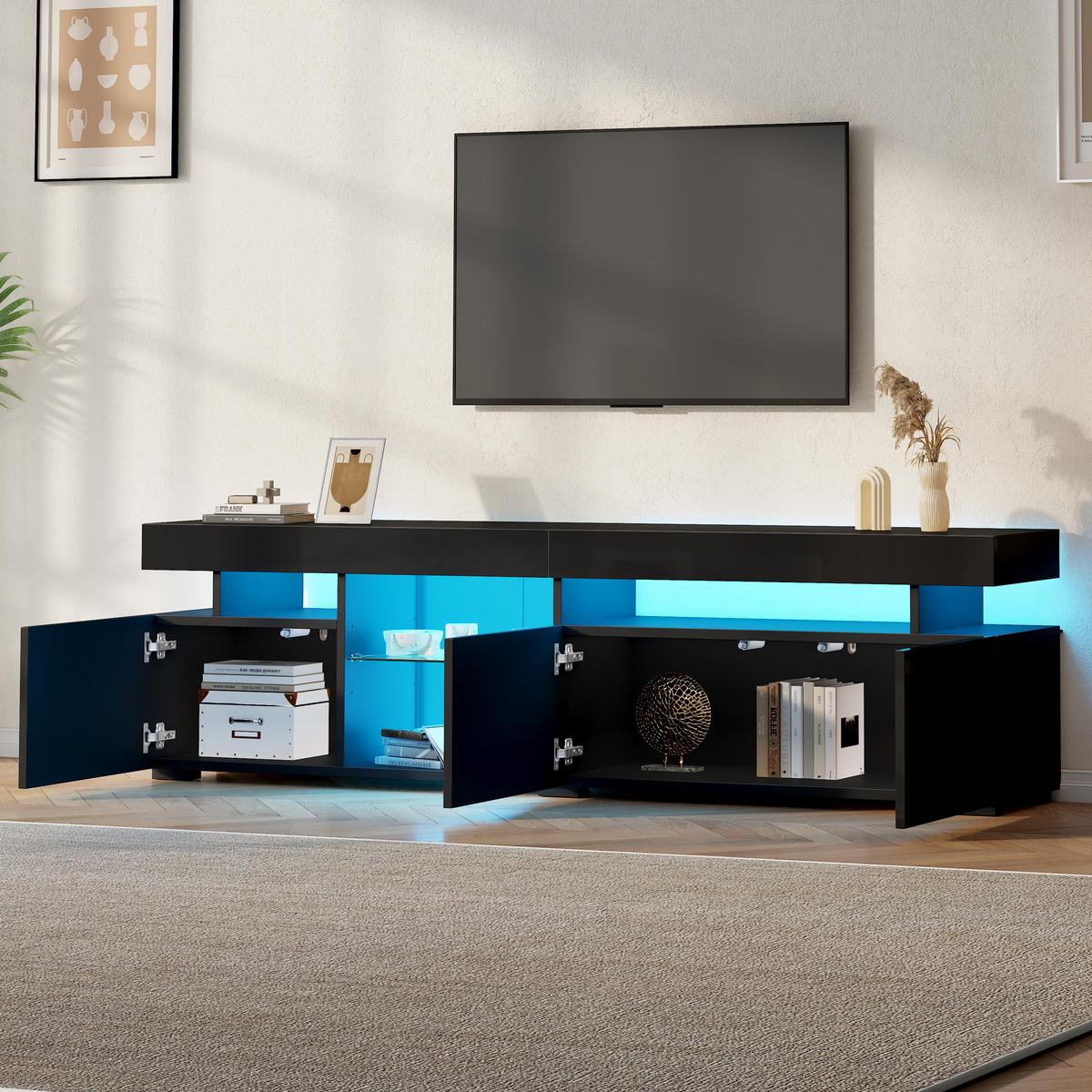 TV-LOWBOARD 180x35x45 cm Schwarz Hochglanz 3 Türen Glas Einlegeböden - Schwarz, Holzwerkstoff (35/45/180cm) - FLIEKS