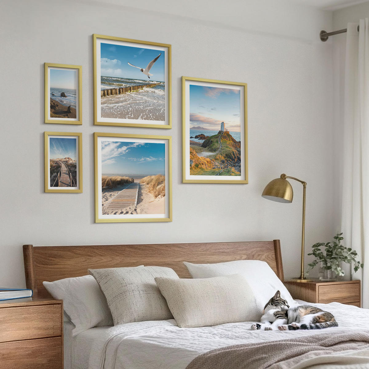 WANDBILDER 5er Set - 50x50 cm & 20x30 cm & 40x60 cm Goldrahmen - Palmen am Meer, blaues Wasser - Goldfarben, Kunststoff (40/60cm) - ArtPrintCave