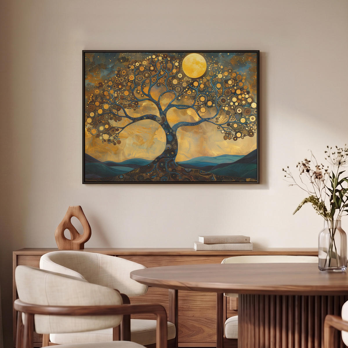 LEINWAND Bilder mit Rahmen - Baum - Mond - Blumen - Gold - Kunst - 80x60 - Orange, Textil (80/60cm) - MuchoWow