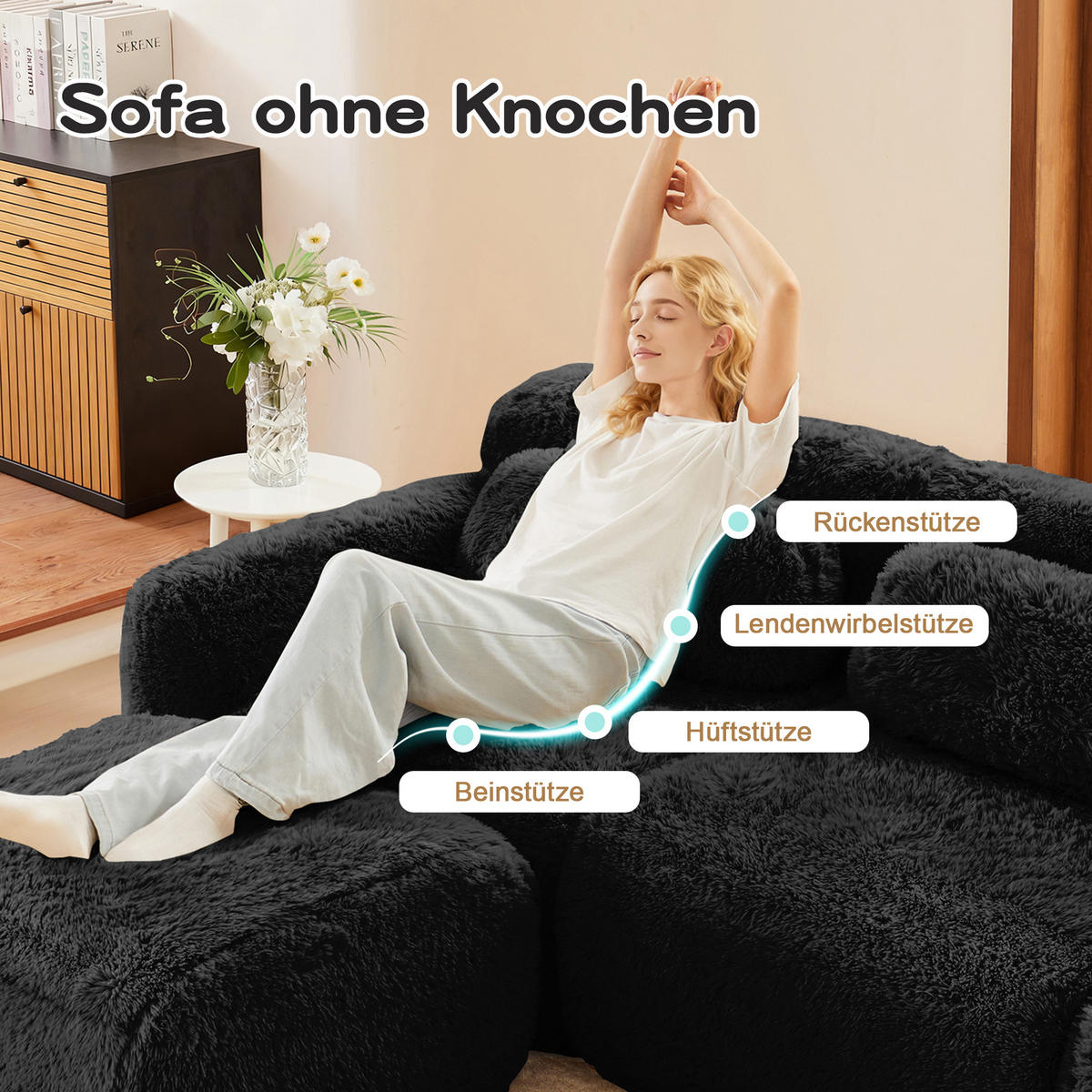 2-SITZER Sofa aus Plüsch mit modularem Design, schwarz - Schwarz, Textil (104/73/204cm)