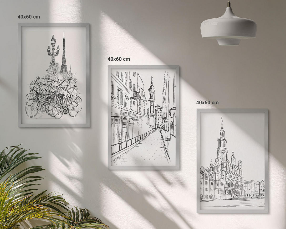 WANDBILDER 3er Set - 40x60 cm Silberner Rahmen - Einfache Zeichnungen von Stadtlandschaften - Silberfarben, Kunststoff (40/60cm) - ArtPrintCave