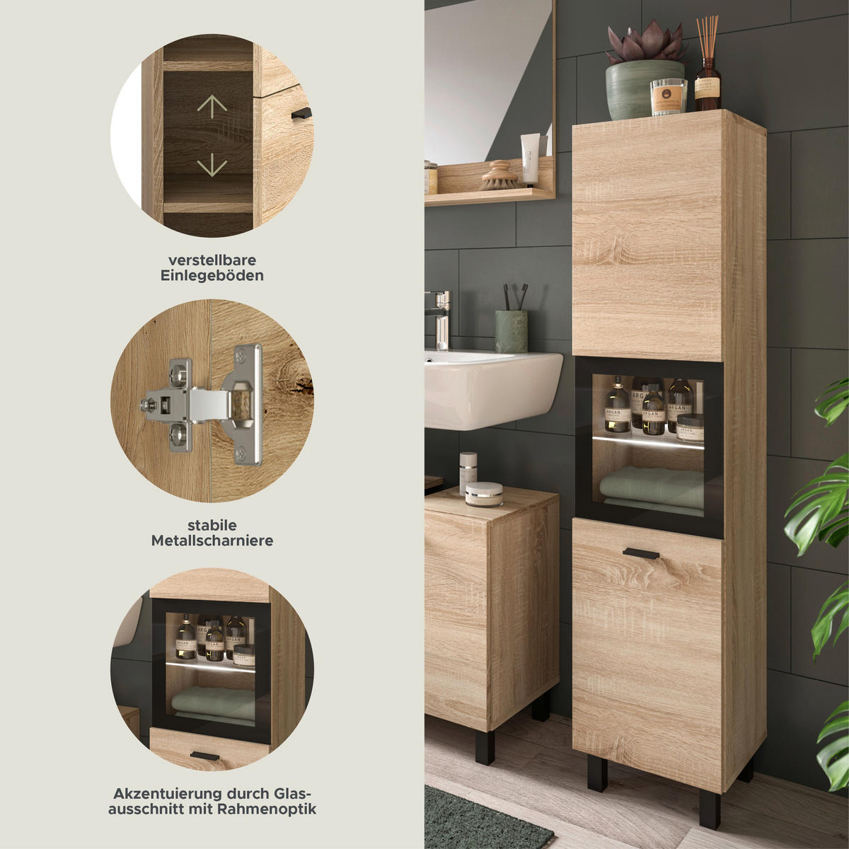 BADSCHRANK Boston/Tampa Bad in Eiche Sonoma Nachbildung und schwarz B/H/T: 30x125x29 cm - Sonoma Eiche, Holzwerkstoff (30/125/29cm)