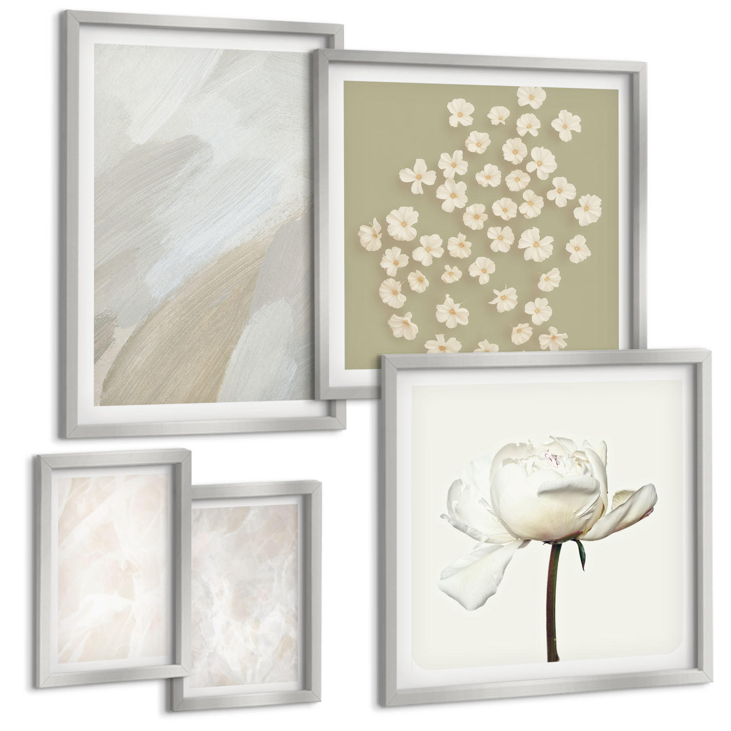 BILDER SET 5er Set - 50x50 cm & 20x30 cm & 40x60 cm Silberner Rahmen - Blumen, modische Boho-Texturen - Silberfarben, Kunststoff (40/60cm) - TULUP