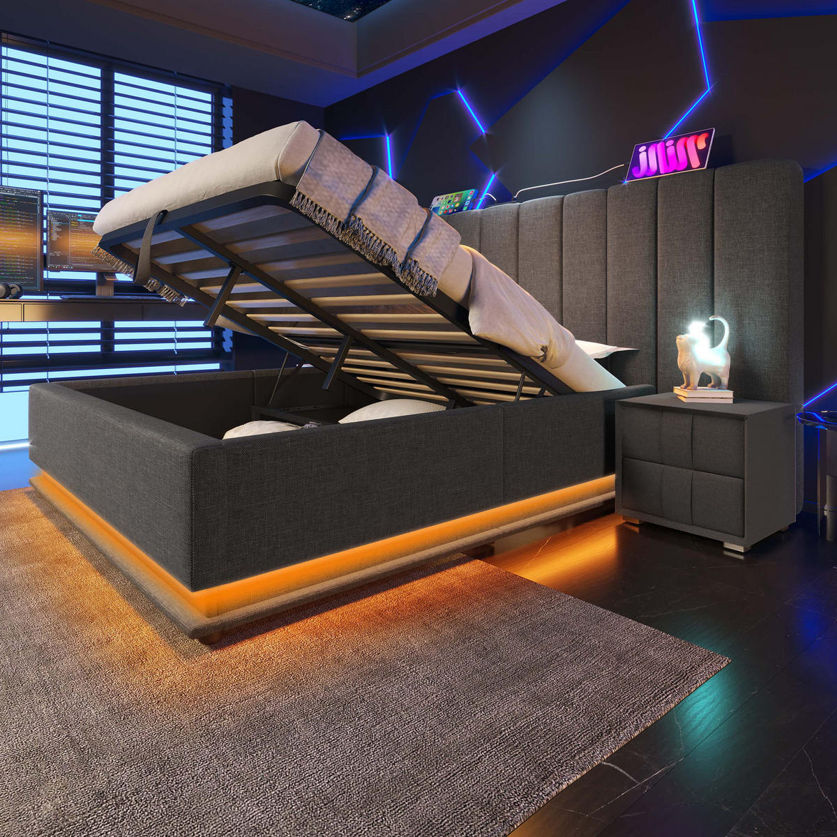 POLSTERBETT 160/200 cm Grau Stauraumbett mit App-Control LED und USB-C-Ladefunktion - Grau, Textil (160/200cm) - OKWISH