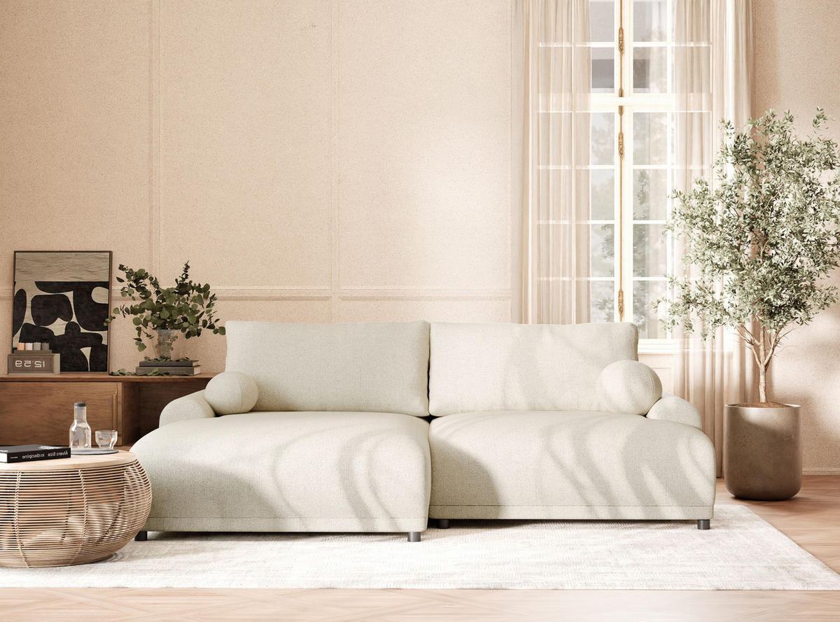 ECKSOFA MIT SCHLAFFUNKTION Tallin Creme Webstoff - Links Seite - Creme/Schwarz, Holz/Holzwerkstoff (145/240cm) - Maison de Reve