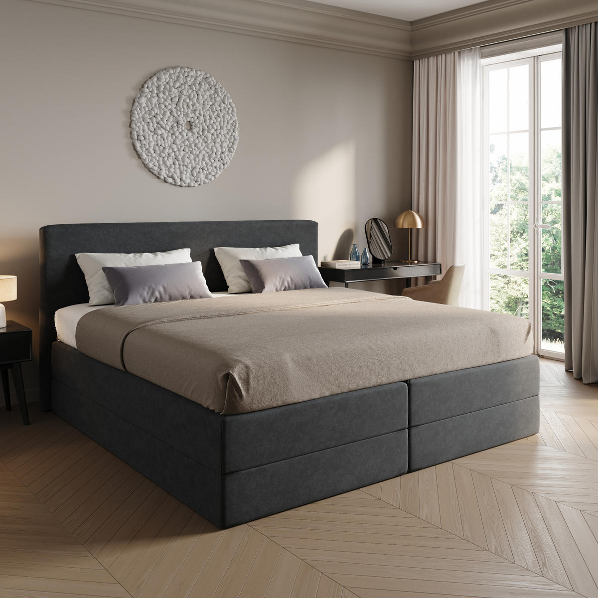 BOXSPRINGBETT mit Bonnell Matratze, mit Kopfteil, 200 x 200 cm, in Dunkelgrau - Anthrazit, Naturmaterialen (200/200cm) - Home Collective