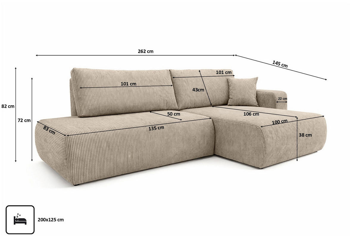 ECKSOFA Mit Schlaffunktion Und Bettkasten, Cordstoff Poso, Dunkelbeige, Rechts, OPEN XL - Beige, Holz (262/145cm) - Kaiser Möbel