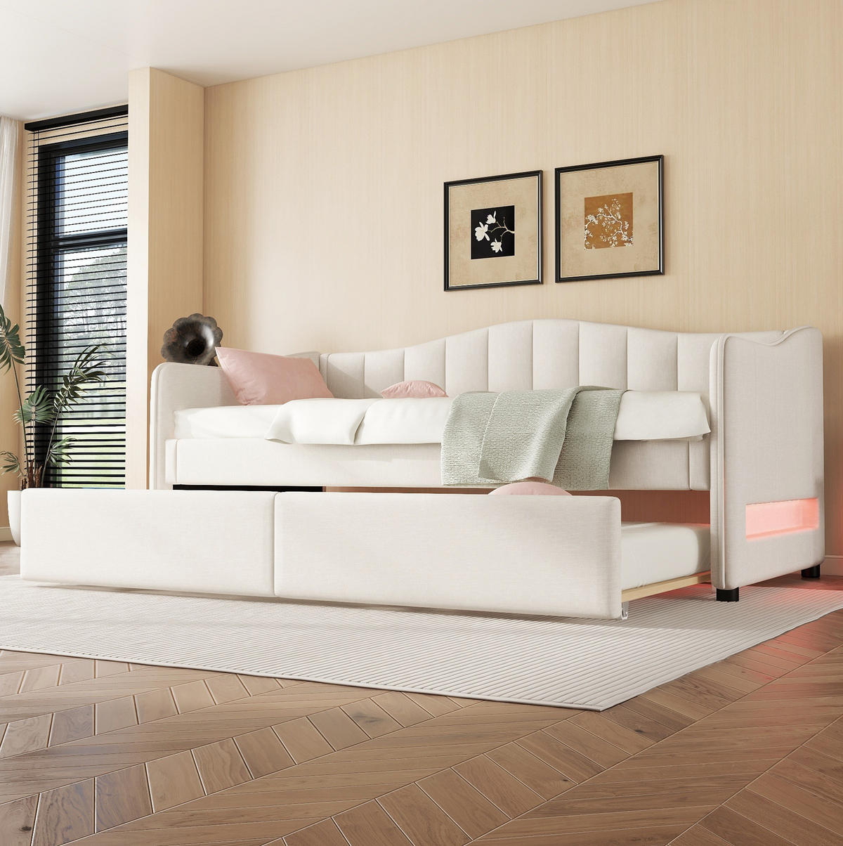 POLSTERBETT 90/200 cm aus Leinen mit ausziehbarem Rollbett und LED-Beleuchtung Beige - Beige, Textil (90/200cm) - Modenvie
