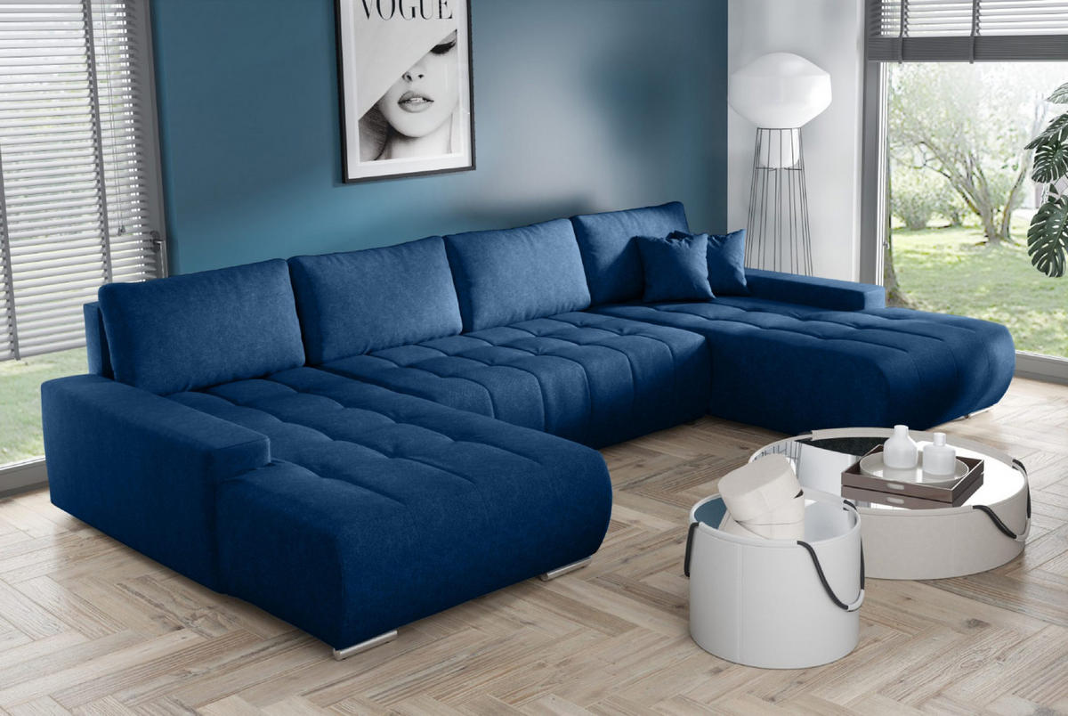 WOHNLANDSCHAFT mit Schlaffunktion Dhaka U, Dunkelblau - Blau, Textil (185/85/350cm) - Fedve