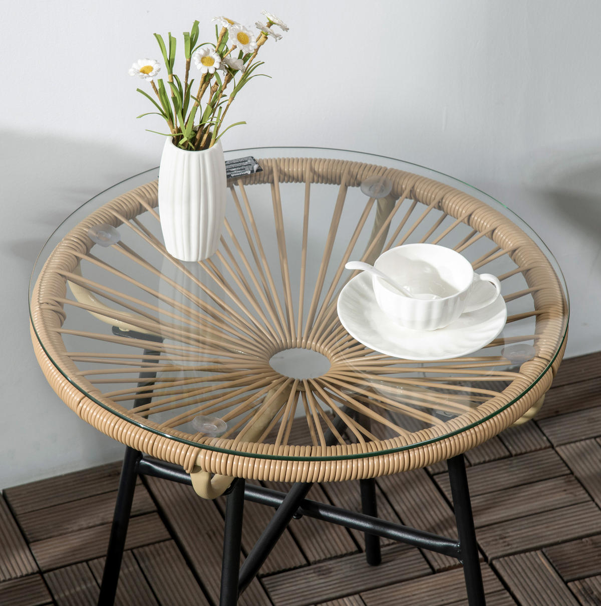 LOUNGETISCH 50/50/50 cm beige aus Rattan mit Glasplatte - Beige, Glas (50/50/50cm) - OKWISH