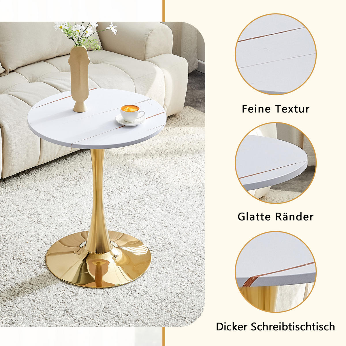 BEISTELLTISCH 60/60/72 cm mit thermoformter MDF-Tischplatte und Metallgestell, runde Form, Weiß/Gold - Weiß, Holzwerkstoff (60/60/72cm) - Redom