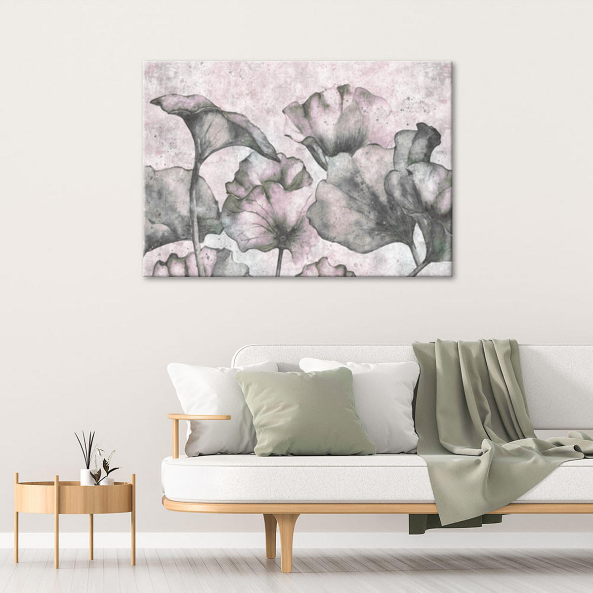 WANDBILD blätter auf konkretem hintergrund - Grau, Textil (60/40cm) - Feeby