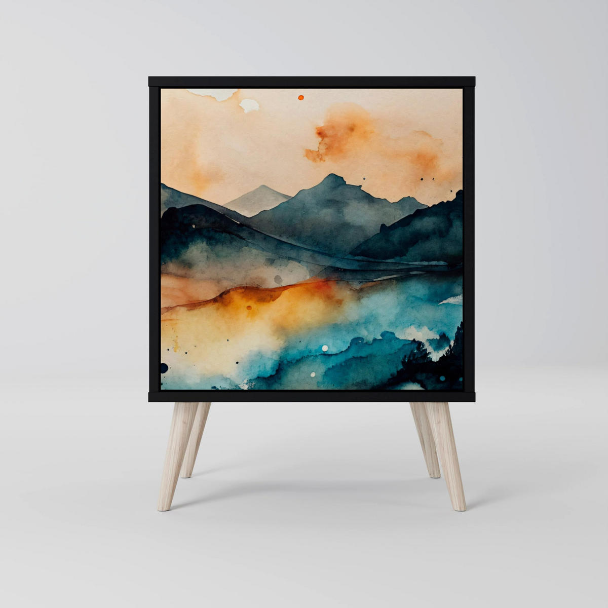 SIDEBOARD OMINOUS MOUNTAINS, Schwarz, 57,5x42x67,5 cm, Schwarze Metall-Rahmenfüße - Multicolor/Schwarz, Holzwerkstoff/Metall (57.5/67.5/42cm) - SpaceRebels