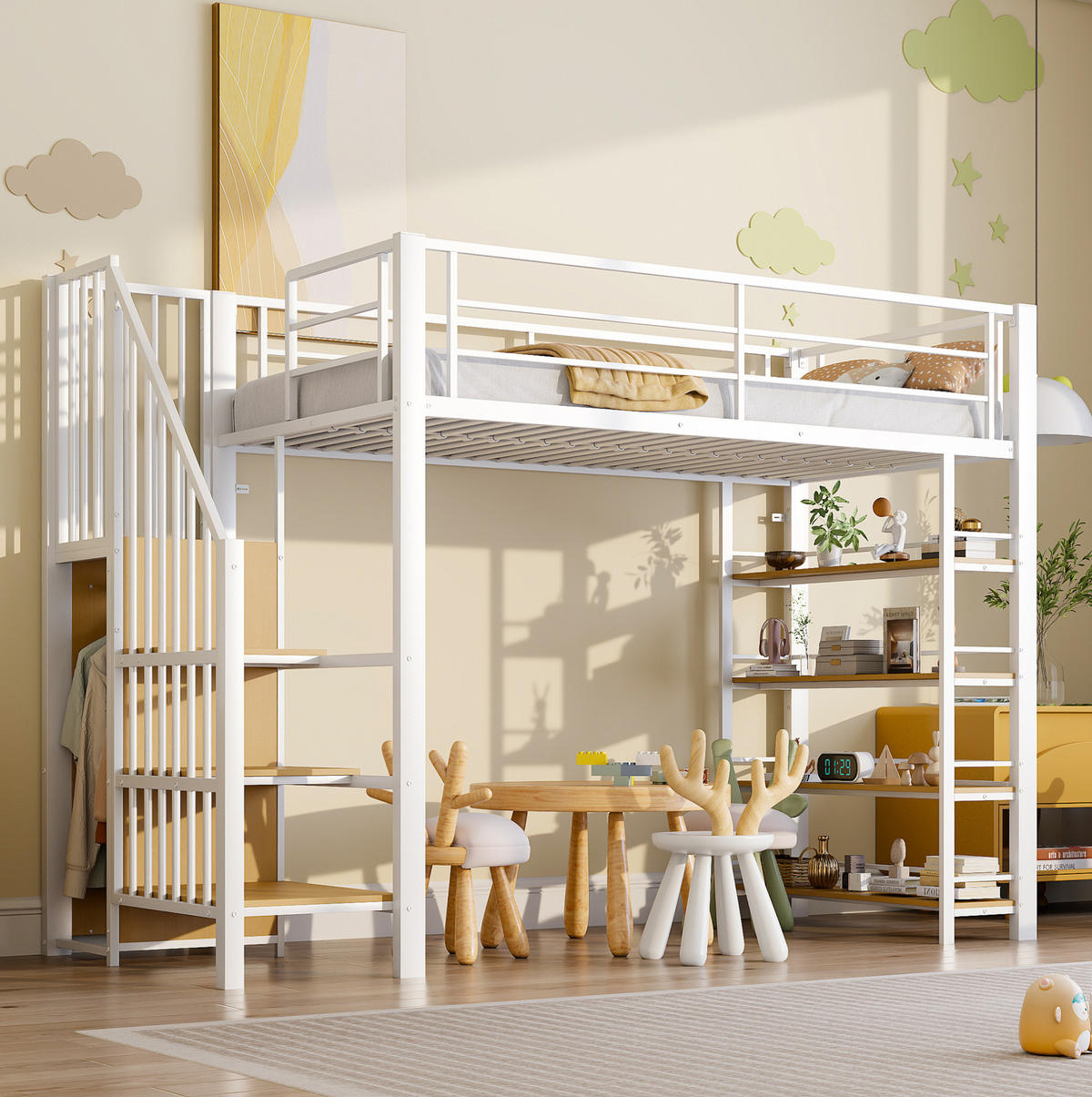 HOCHBETT 90/200 cm aus Metall und MDF mit Treppe, Kleiderschrank und Regalfächern Weiß - Weiß, Metall (90/200cm) - Modenvie