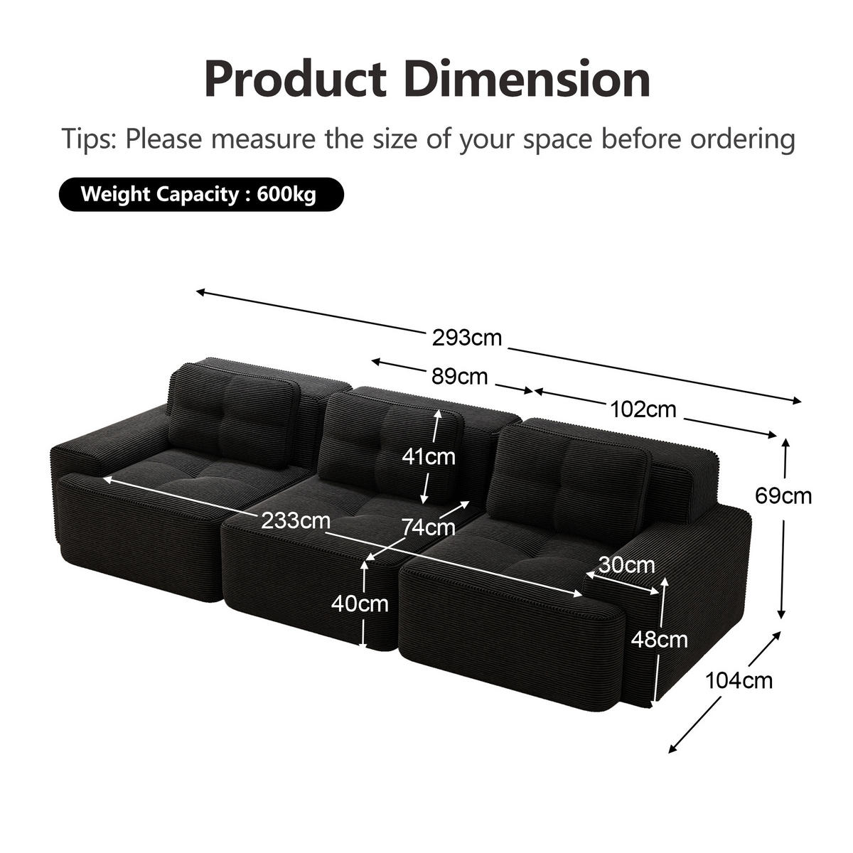 3-SITZER SOFA Cord Schwarz ohne Montage - Schwarz, Textil (293/69/104cm) - WISHDOR