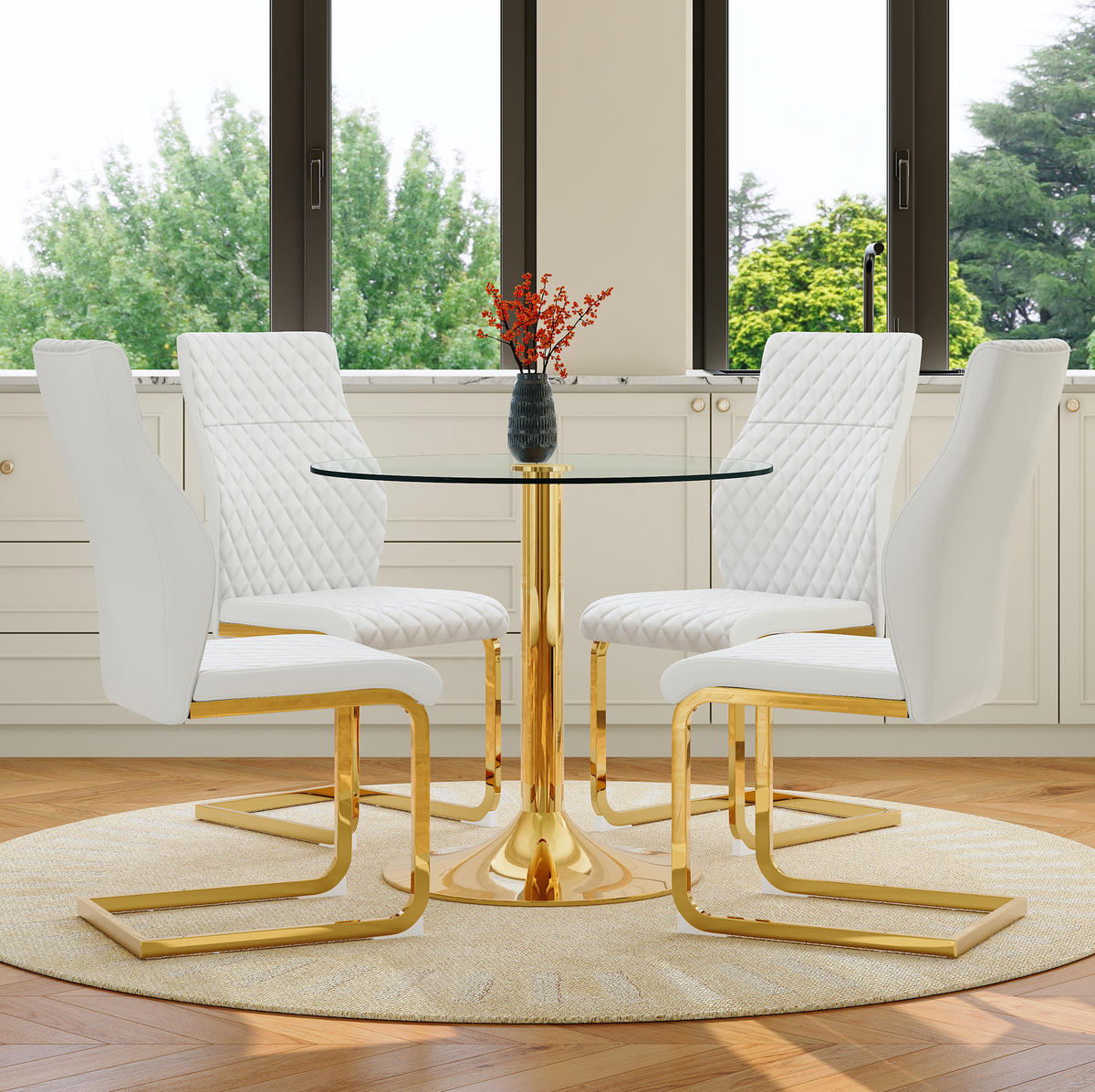 ESSZIMMER-SET mit Glastisch 85 cm Transparent/Weiß-Gold 5-tlg. - Transparent, Metall (85/76/85cm) - Meubliv