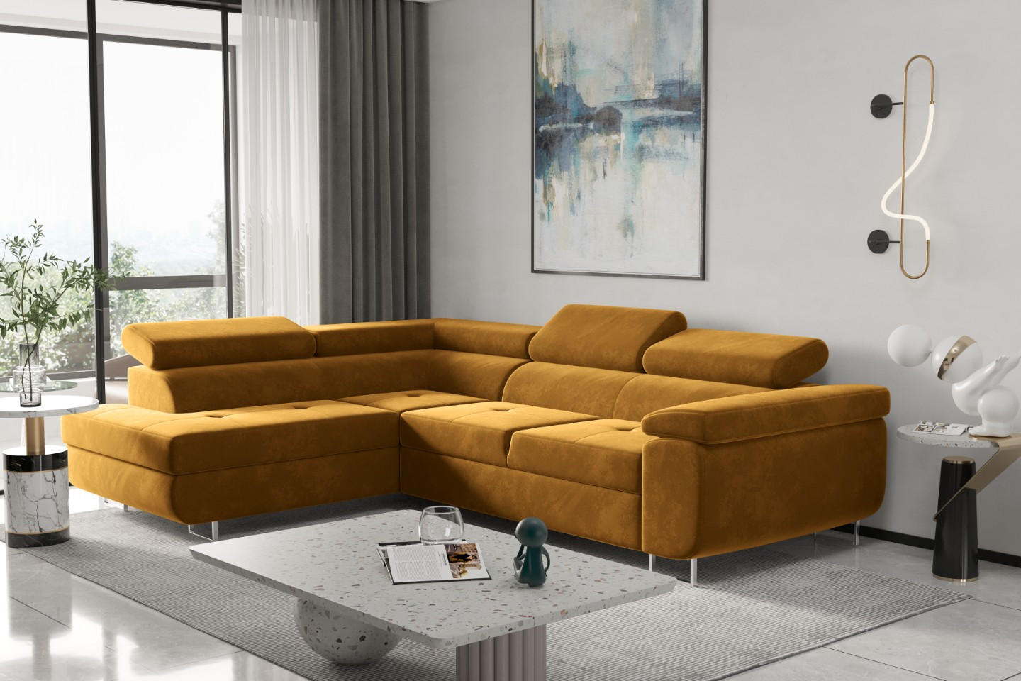 ECKSOFA mit Schlaffunktion und Bettkasten ATOM Senffarbe Links - Gelb, Holz/Textil (202/275cm) - Kaiser Möbel