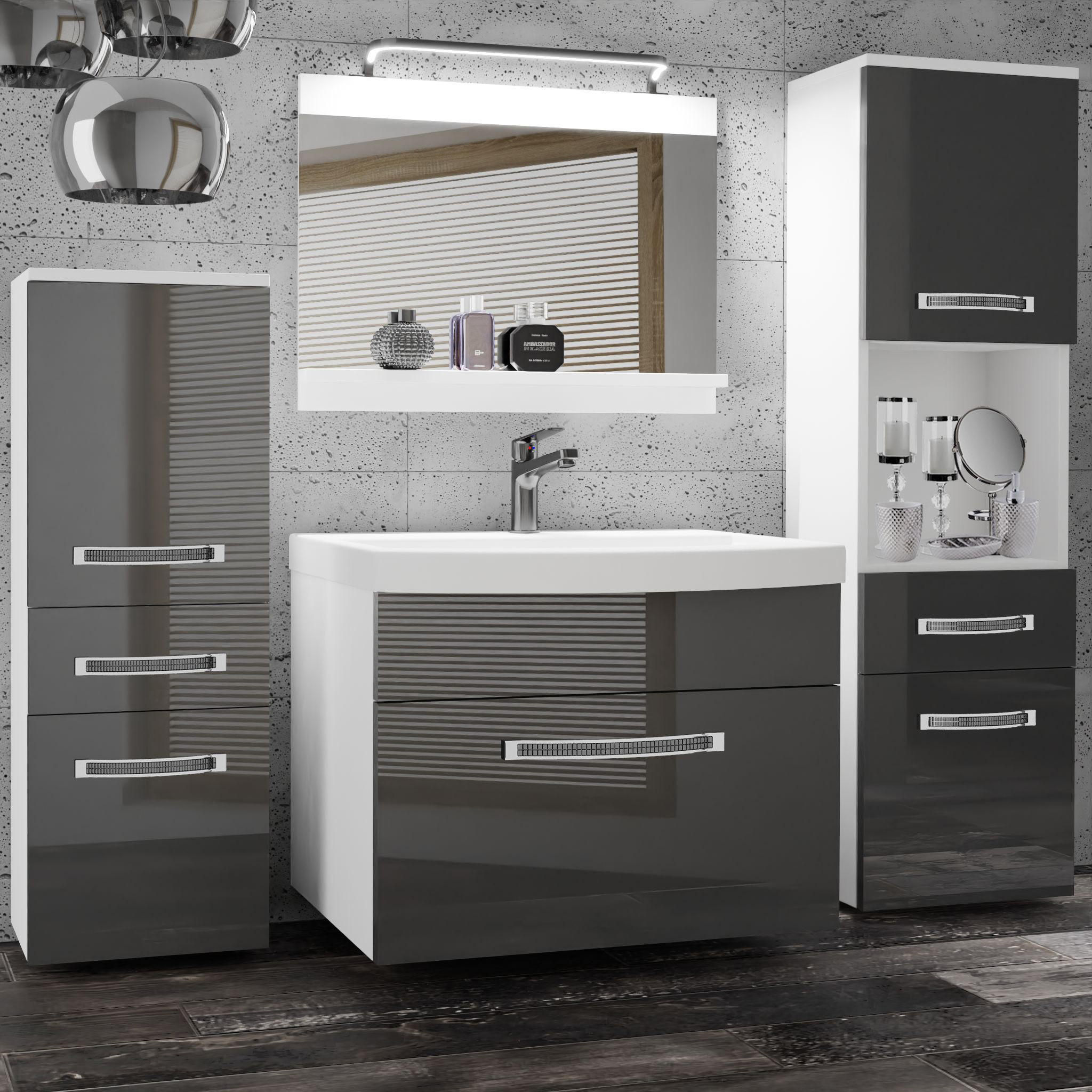 BADMÖBEL Badezimmer Grau Glänzend - Hellgrau, Holz (140/113/40cm) - B BELINI GROUP