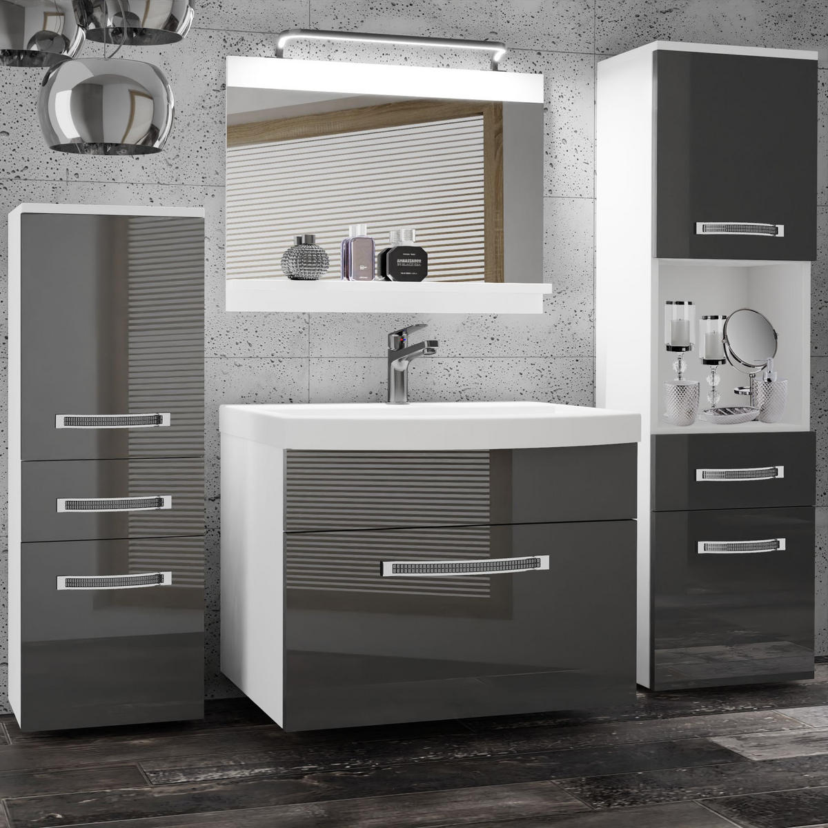 BADMÖBEL Badezimmer Grau Glänzend - Hellgrau, Holz (140/113/40cm) - B BELINI GROUP