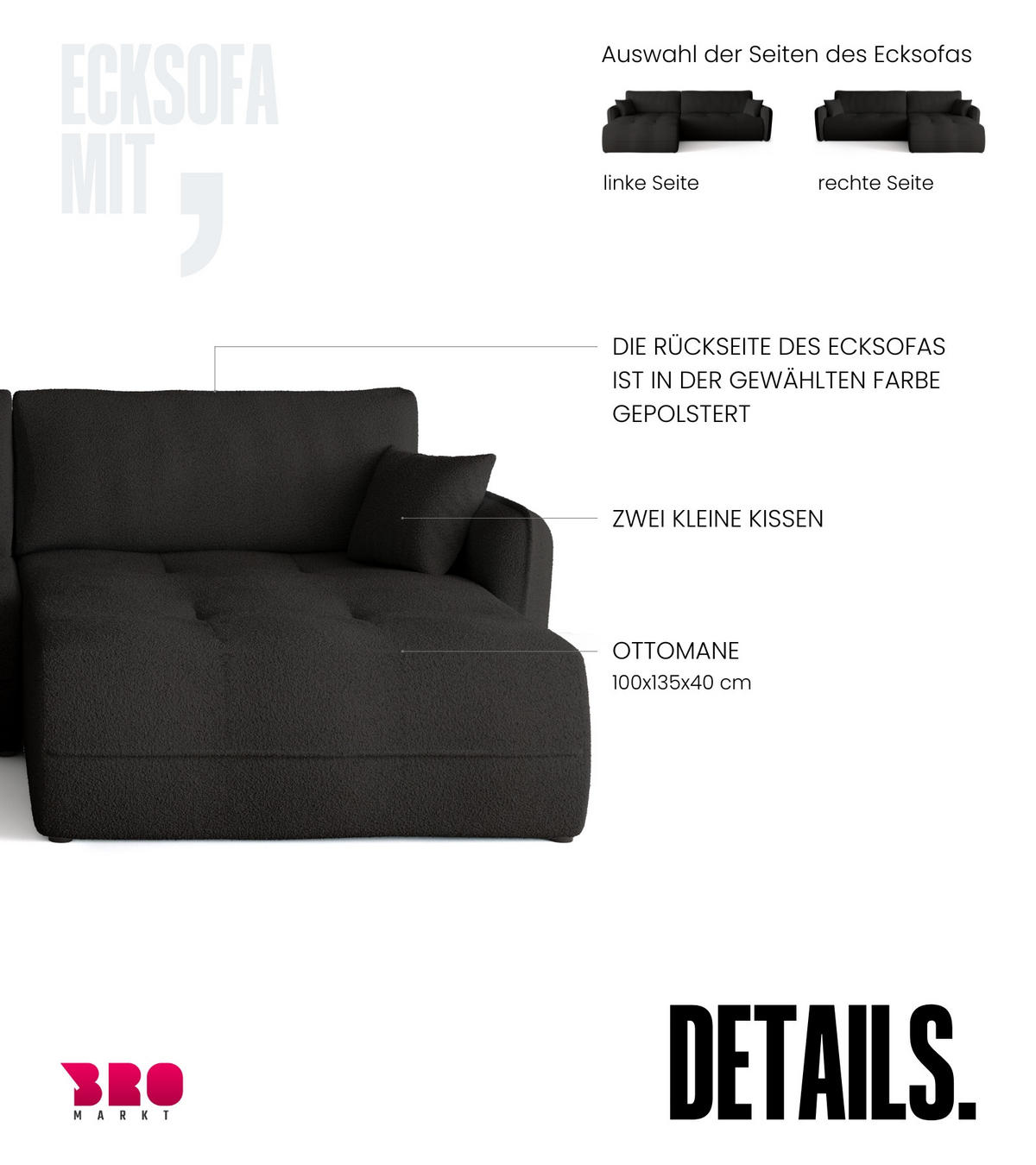 ECKSOFA CLAUDIO mit Schlaffunktion Schwarz - Schwarz, Textil (263/150cm) - Bromarkt