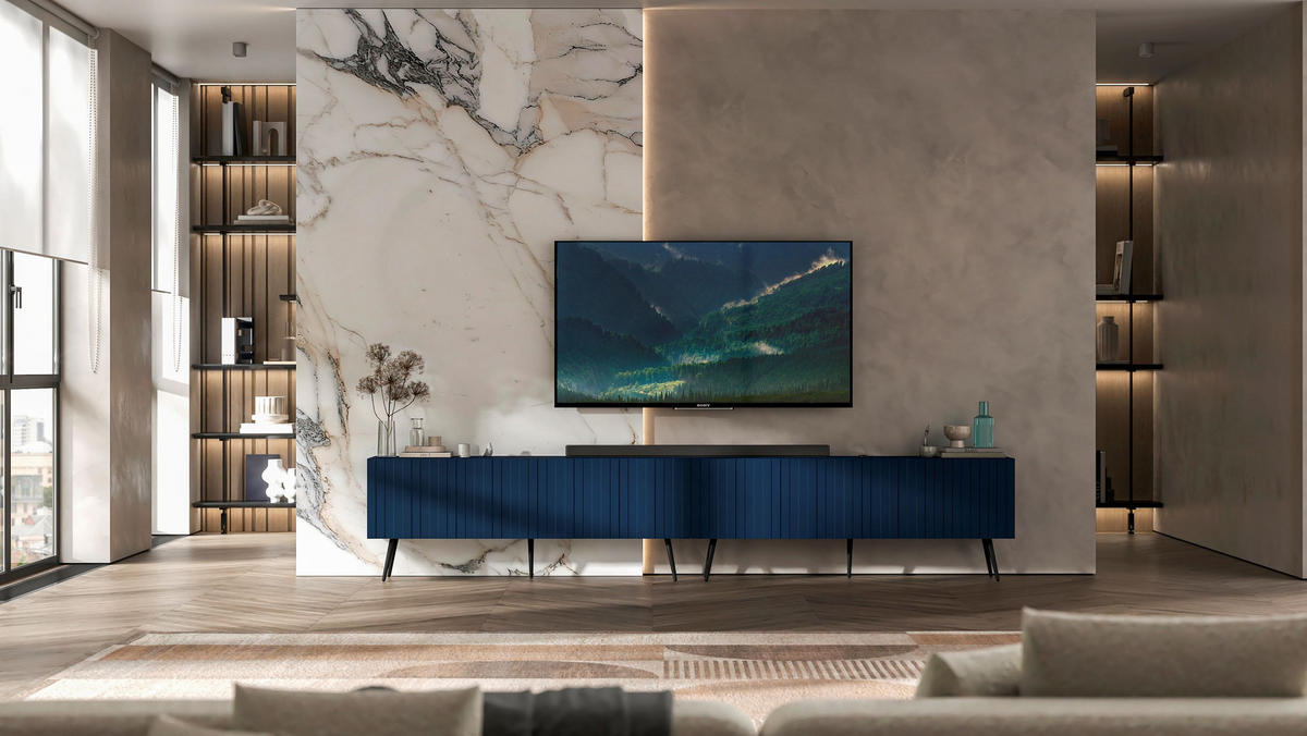 TV-LOWBOARD 2-er Set Elpis Marineblau mit Metallbeinen 150 cm Glamour - Blau/Schwarz, Holzwerkstoff (300/60.5/36.5cm) - Meble Lindner