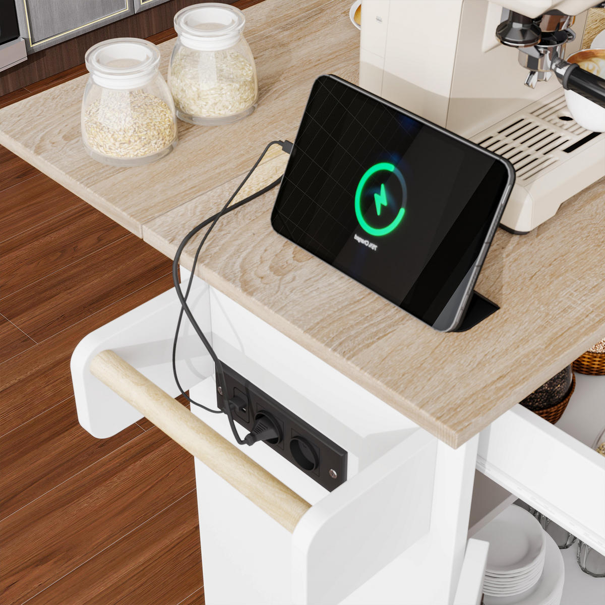 KÜCHENWAGEN 110x70x90cm Weiß mit Klappseiten, Steckdose, Schublade & Rollen - Weiß, Holzwerkstoff (110/90/70cm) - Modfu