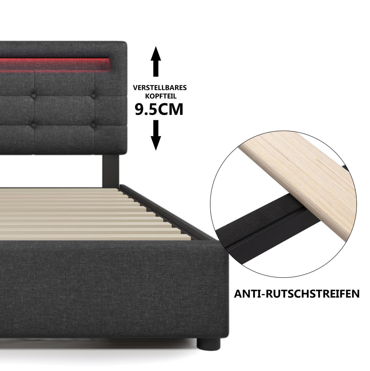 POLSTERBETT 90/200 cm Grau aus Leinen mit LED-Beleuchtung und 2 Schubladen - Grau, Textil (90/200cm) - OKMYHOME