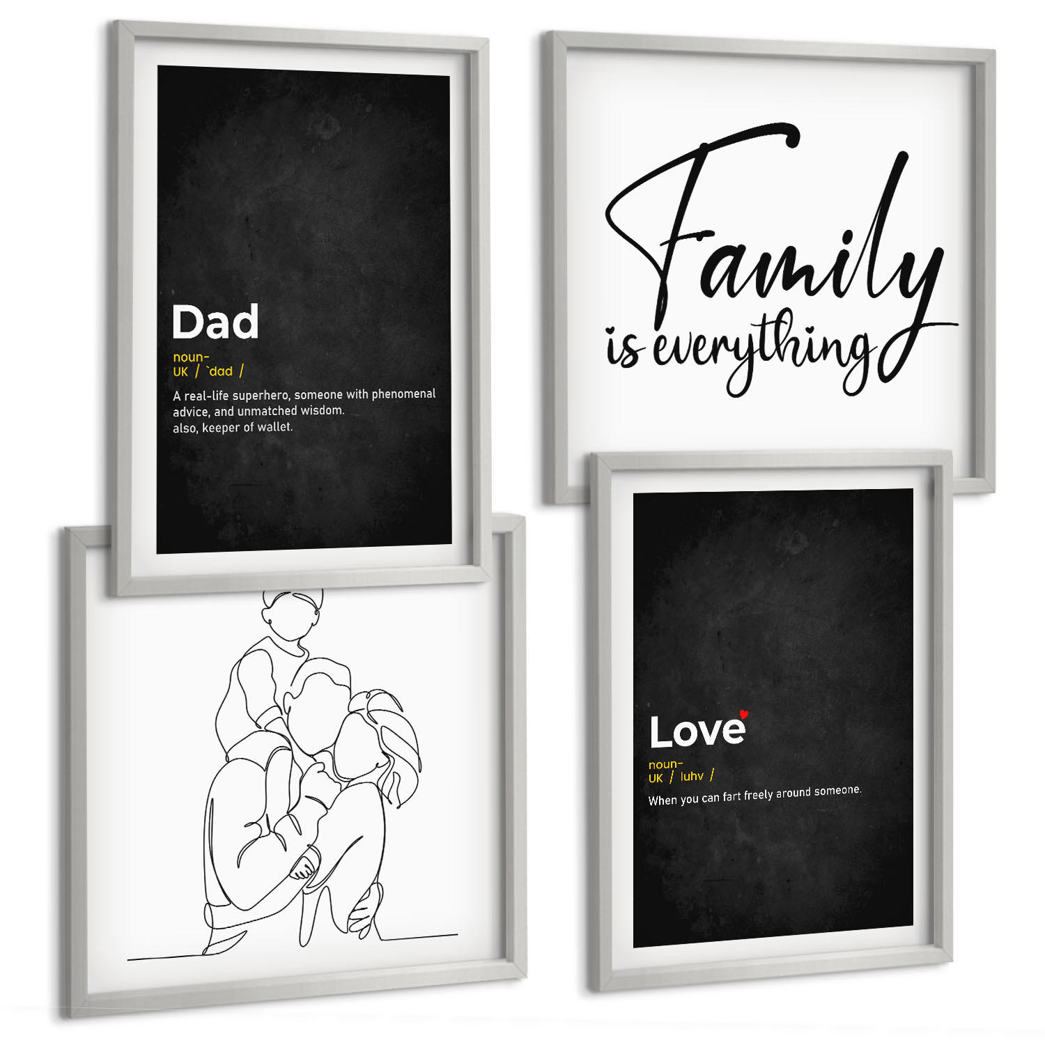 BILDER SET 4er Set - 50x50 cm & 40x60 cm Silberner Rahmen - Definitionen der Liebe in Familienzeichnungen - Silberfarben, Kunststoff (50/50cm) - TULUP