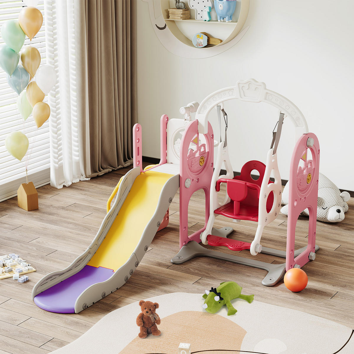 6-IN-1 RUTSCHE Kinder Rosa Mit Klettergerüst, Schaukel & Teleskop - Rosa, Holz (150/115/150cm)
