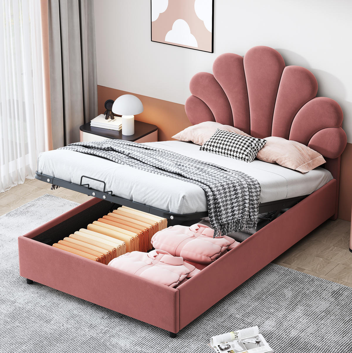 KINDEREINZELBETTEN aus Samt 90x200 cm in Rosa mit hydraulischem Stauraum - Rosa, Textil (90/200cm) - Modfu
