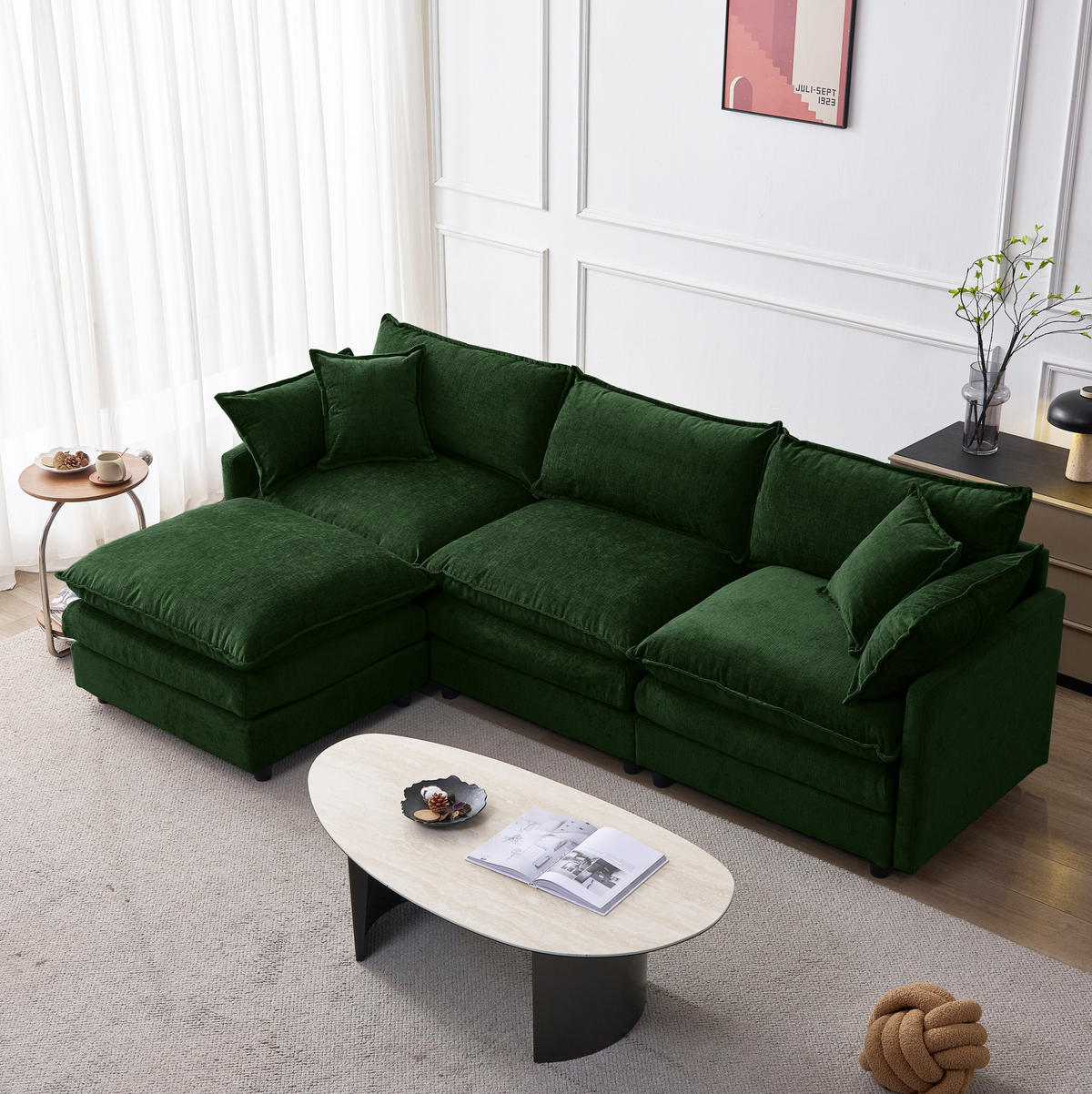 ECKSOFA 3-Sitzer mit Hocker, modulares Design und Chenille-Bezug, Grün - Grün, Textil (267/154cm) - Redom