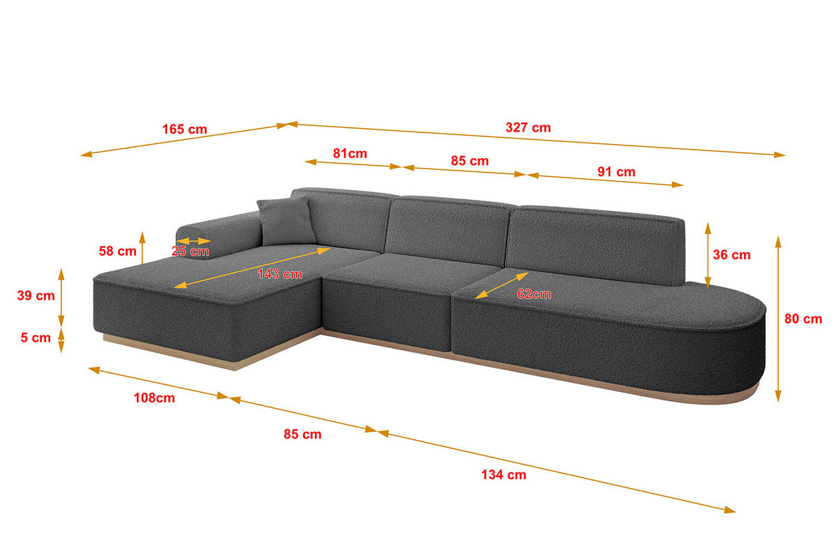 ECKSOFA Ottomane Links IREA-L2 - 327x165x80 cm Grau - Olivgrün, Holzwerkstoff/Textil (327/165cm) - ALTDECOR