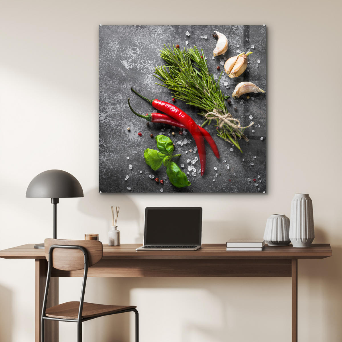 OBRAZ NA AKRYLOVOM SKLE Korenie - bylinky - korenie - betón 90x90 cm - tmavosivá, sklo (90/90cm) - MuchoWow