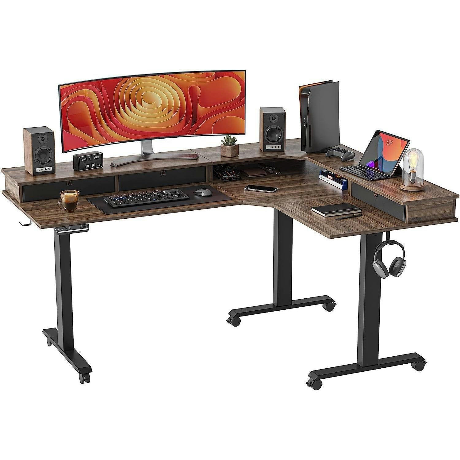 SCHREIBTISCH L-Form Höhenverstellbar Elektrisch Dunkler Walnuss/Schwarz 160 x 120 cm - Braun, Holzwerkstoff (140/160/70cm)
