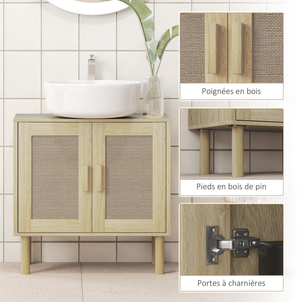 WASCHBECKENUNTERSCHRANK DE-15898 U-Aussparung, 2 Ebenen mit Rattantüren Eiche - Eichefarben, Holzwerkstoff (60/60/30cm) - ComfortXL