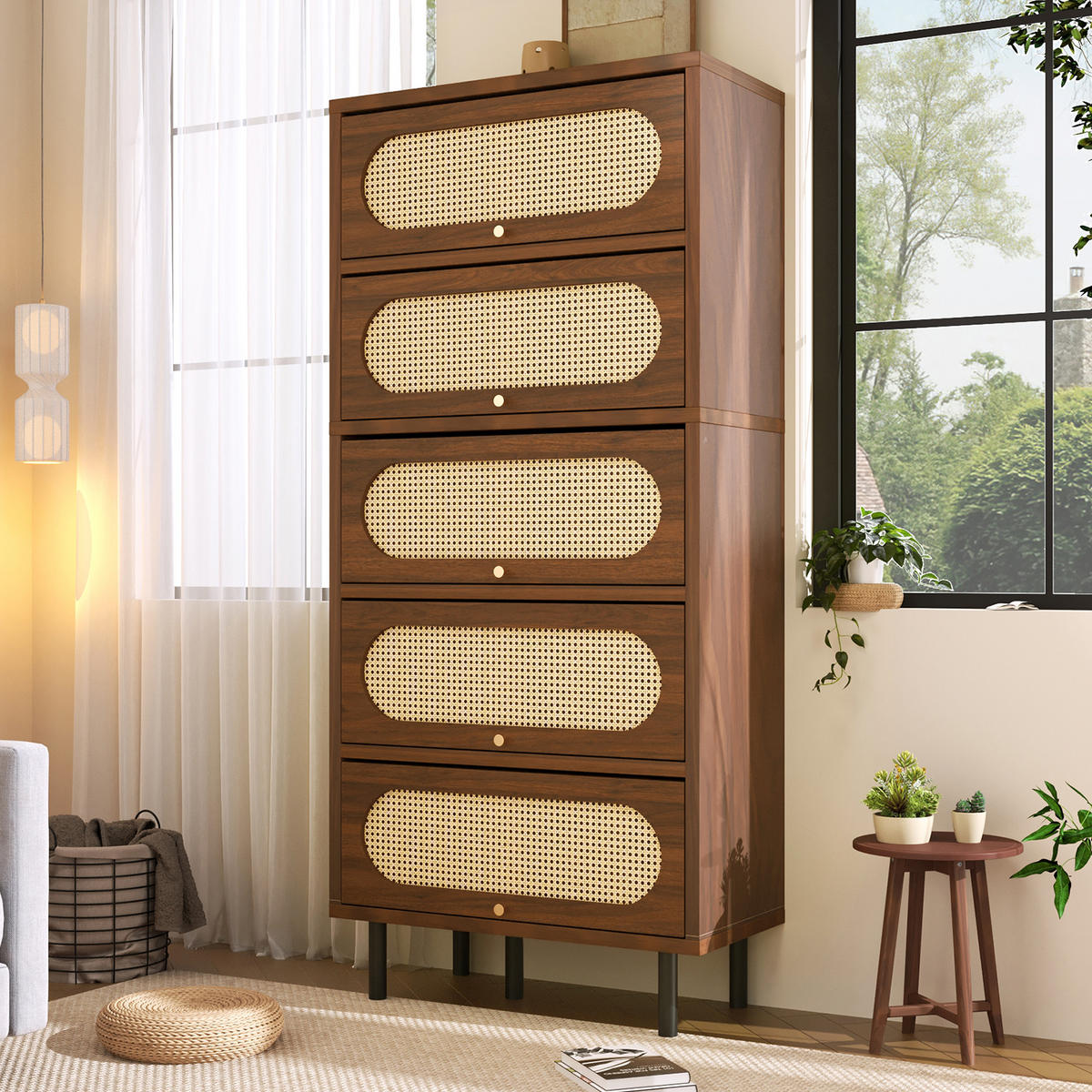 BUFFET mit 5 Klappdeckel-Fächern Kippschutz Natur Standardgröße - Naturfarben, Holzwerkstoff (80/163/40cm) - EVRYAE