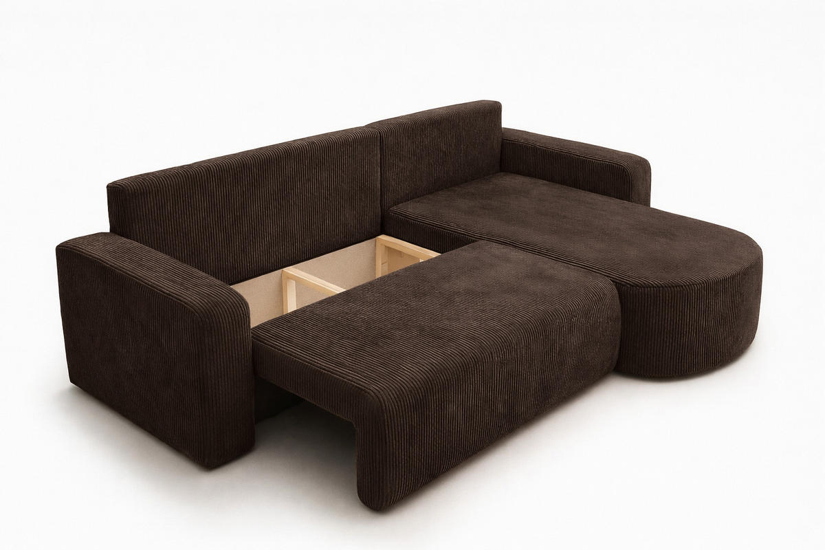ECKSOFA Mit Schlaffunktion, Cordstoff Poso, Braun, Rechts, ROUND ONE XL - Braun, Holz (271/175cm) - Kaiser Möbel