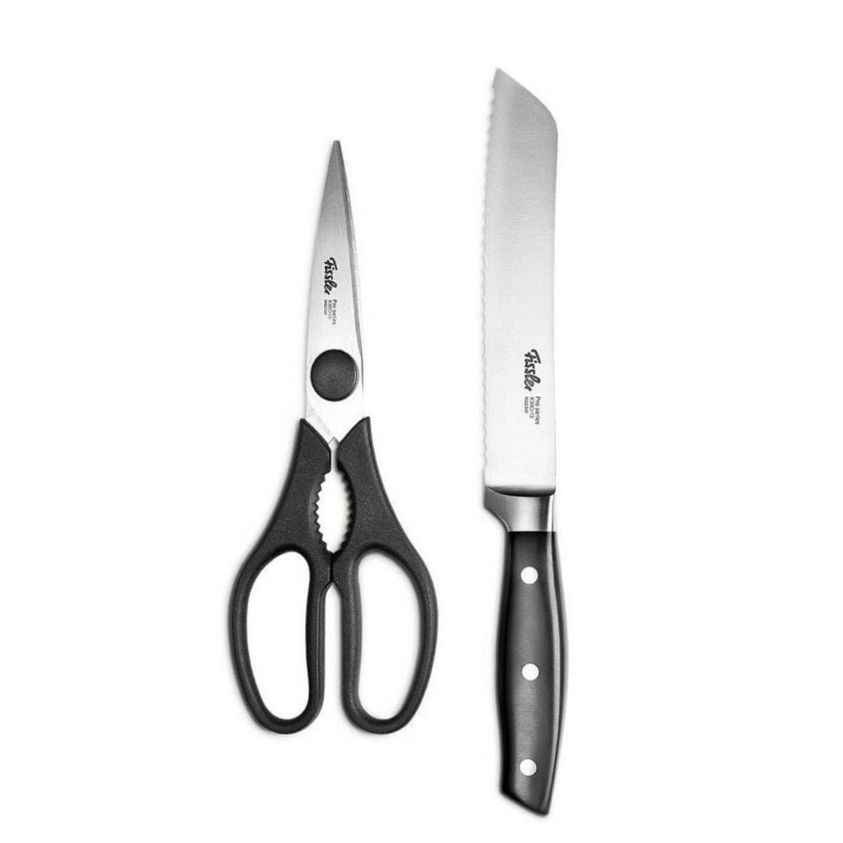 KÜCHENMESSER SET 2-tlg Schwarz Silber, Brotmesser 180 mm, Küchenschere, Edelstahl, Schneidemesser, Küchenzubehör, Profi Messer, Klingenstahl - Silberfarben/Schwarz, Metall - Fissler