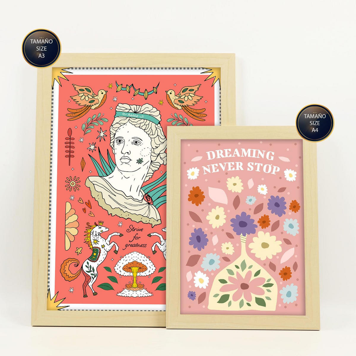 POSTER Set Mit 6 groovige Rose Größe A3 & A4 Rahmen aus hellem Holz - Beige, Papier (29.7/1cm) - Nacnic