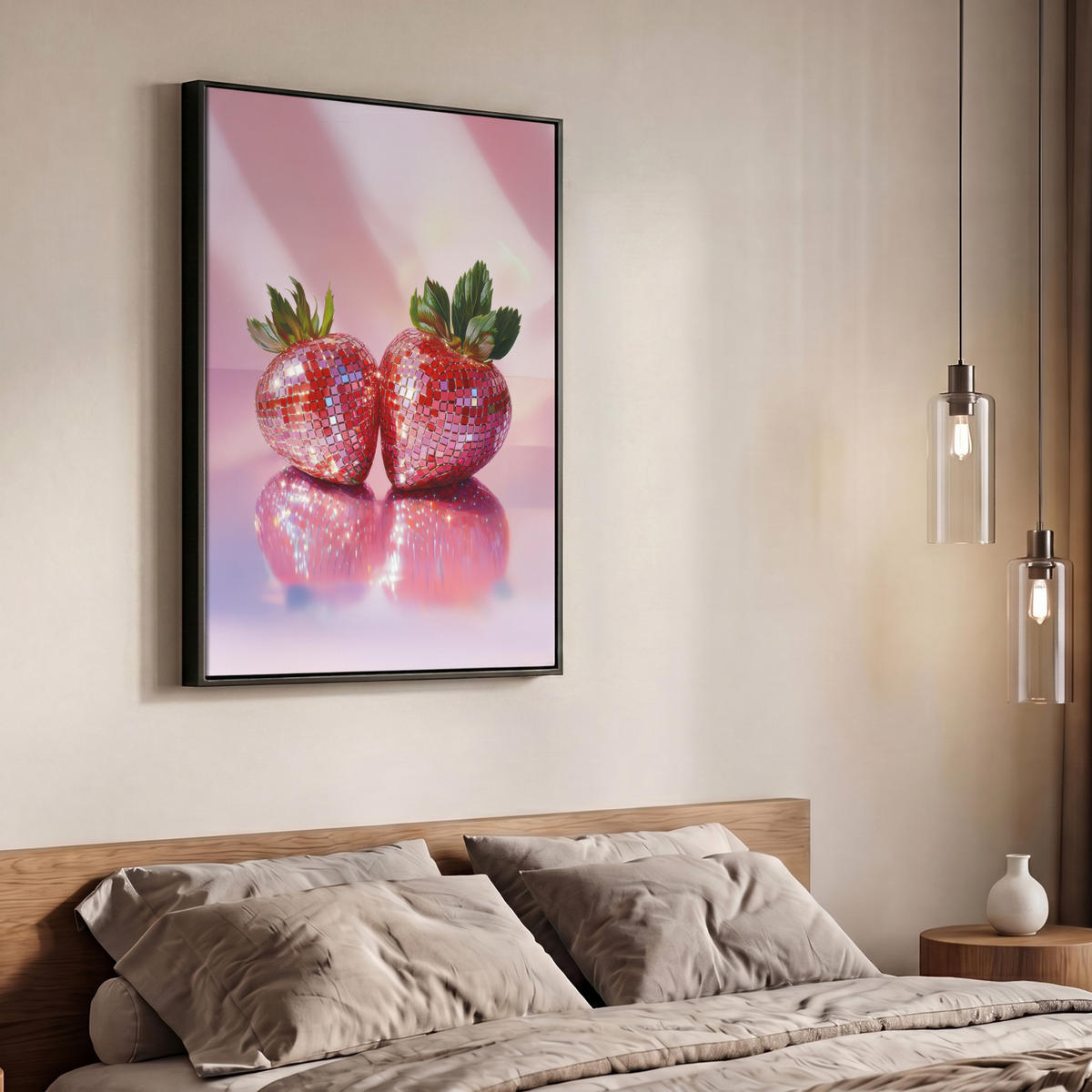 LEINWAND Bilder mit Rahmen - Disco - Obst - Glitzer - Erdbeere - 70x100 - Pink, Textil (70/100cm) - MuchoWow