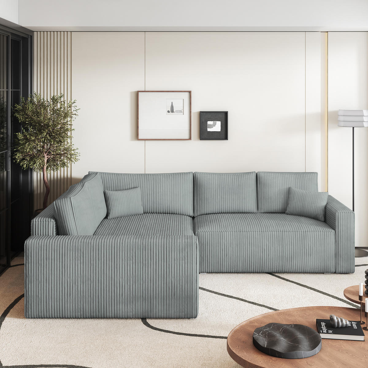 ECKSOFA ERONIS L-S Hellgrau Kordstoff mit Schlaffunktion - Hellgrau, Holz (265/194cm) - MASSENO