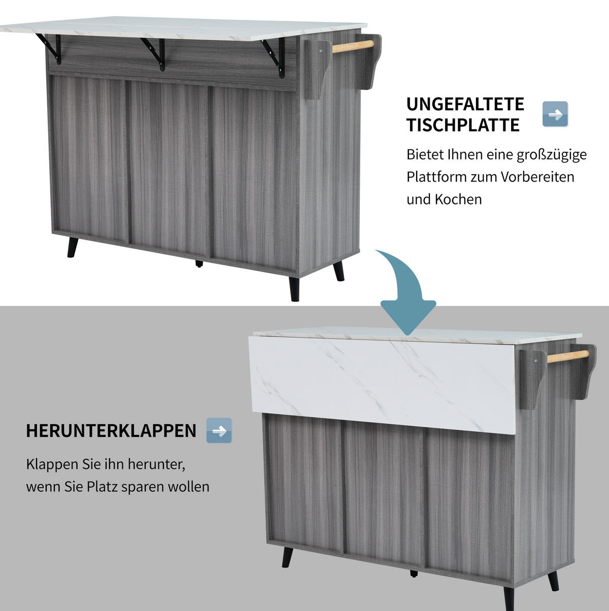 KÜCHENWAGEN mit Klapptisch 129 x 71 x 91,5 cm Grau Weiß - Grau, Holz (46/91.5/129cm) - Beauniv