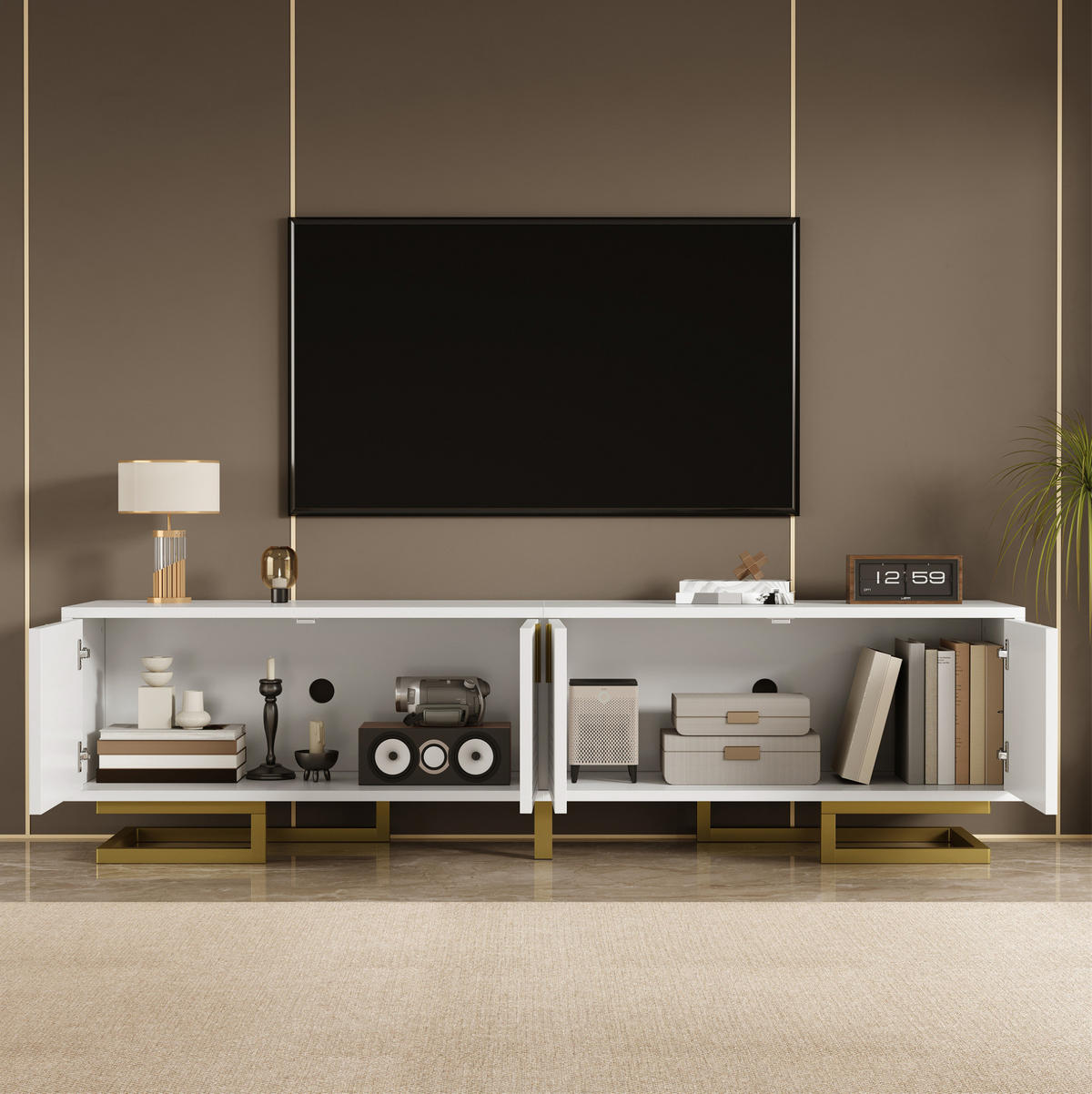 TV-ELEMENT mit 4 Türen 160 cm Weiß mit goldfarbenen Details - Weiß, Holzwerkstoff (38/44.5/160cm) - Beauniv