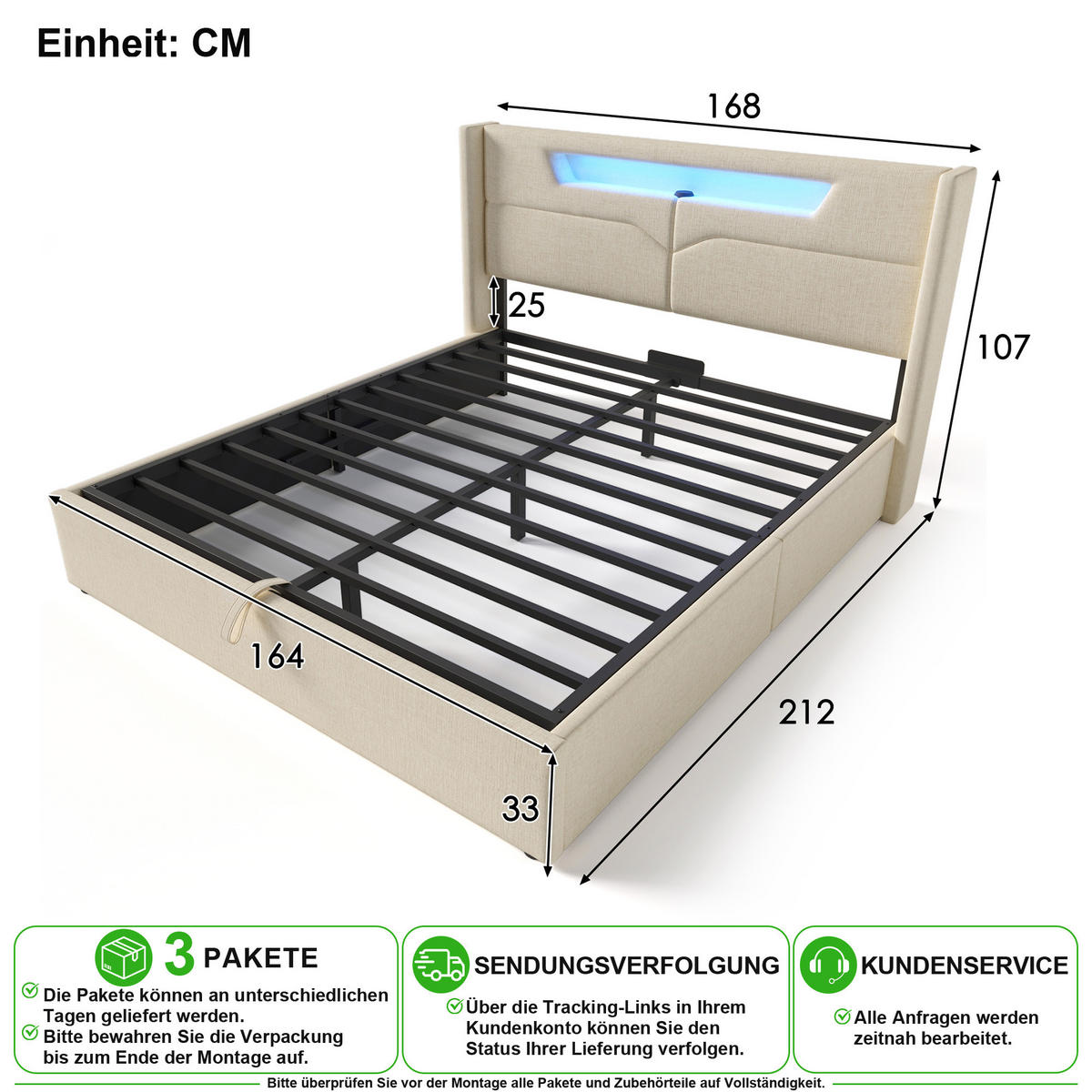 POLSTERBETT 160/200 cm in Beige Leinen mit Bettkasten, LED, USB und Matratze - Beige, Holzwerkstoff/Textil (160/200cm) - CHICFURN